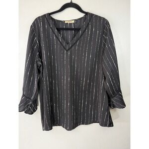 Timeson Black Striped Blouse W Ruffled Cuffs And Crochet Inset Size XL